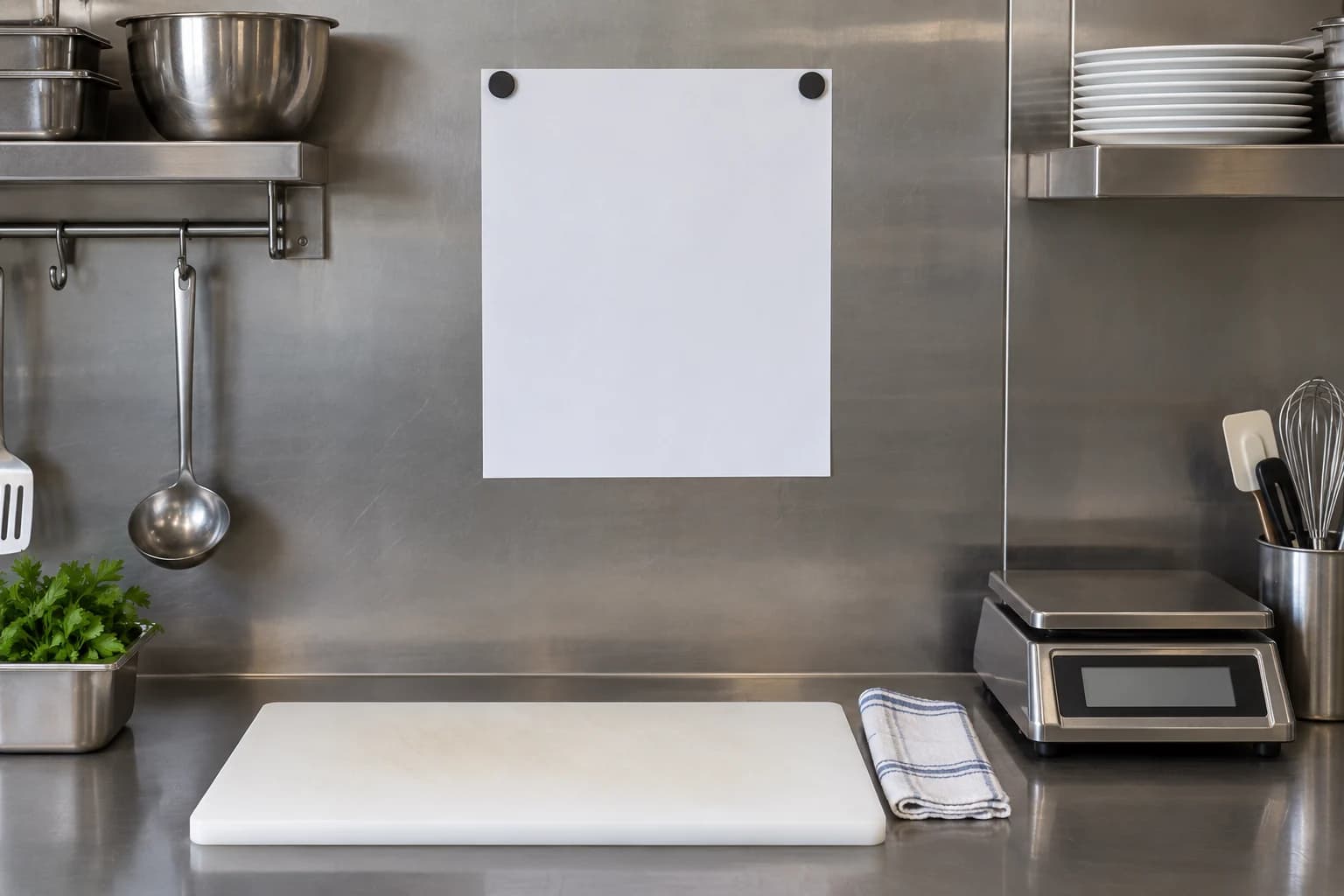 Parede de inox da cozinha com uma ficha técnica presa por dois ímanes