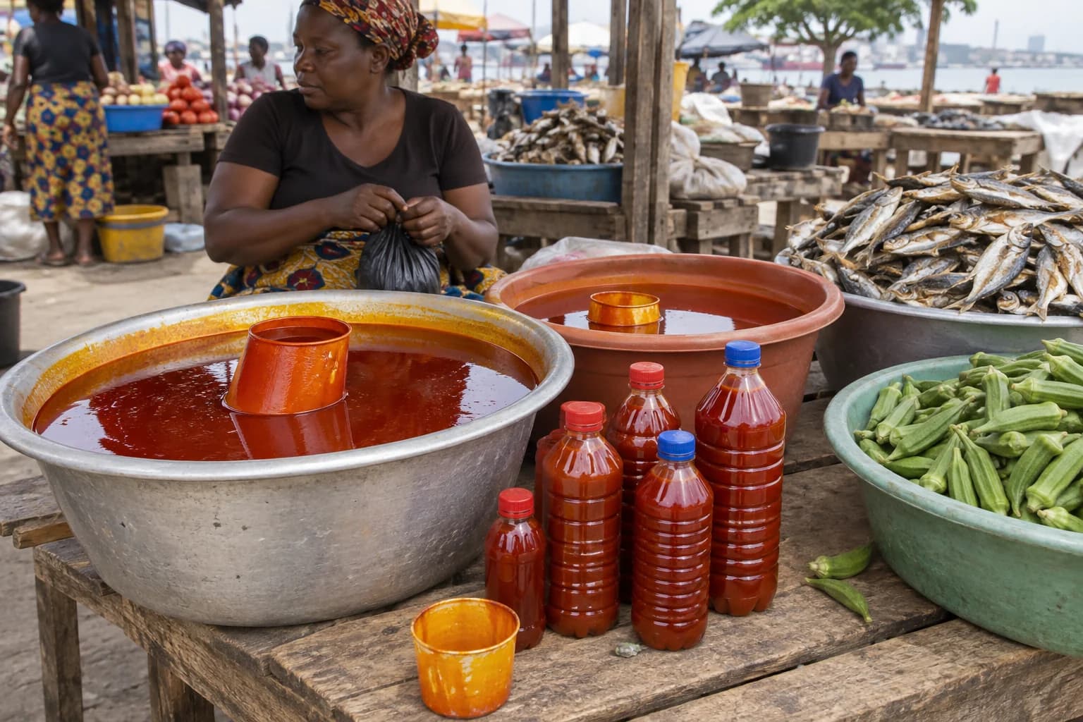 Mercado em Luanda com bacias de dendém, garrafas de óleo de palma e quiabo