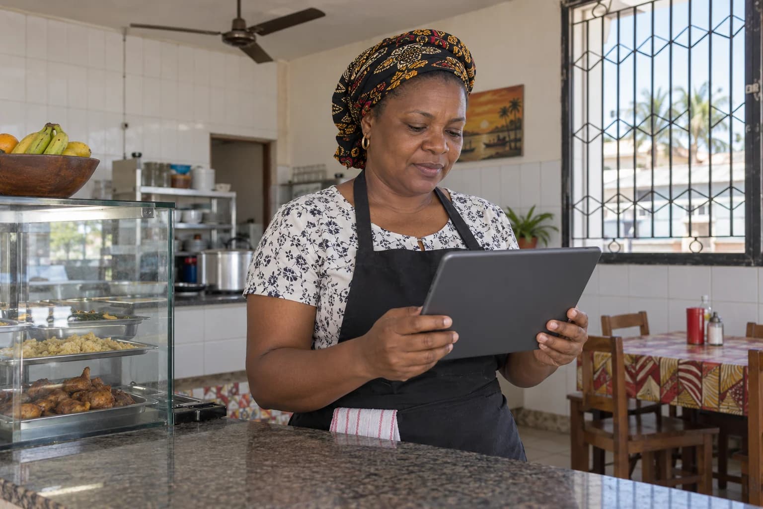 Dona de um restaurante em Luanda a ler o tablet ao balcão