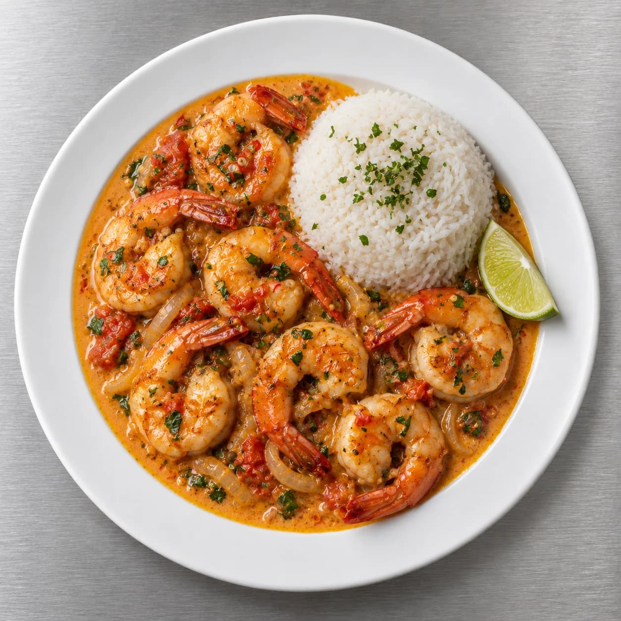Camarão à zambeziana com arroz, visto de cima