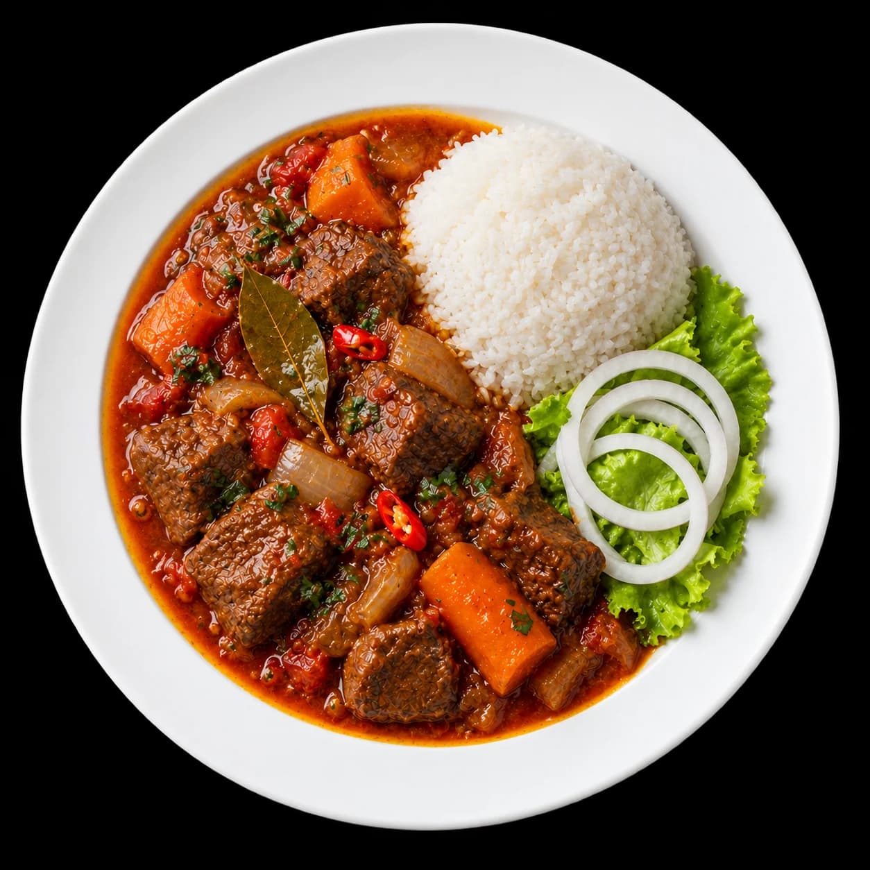 Guisado de vaca com arroz, visto de cima
