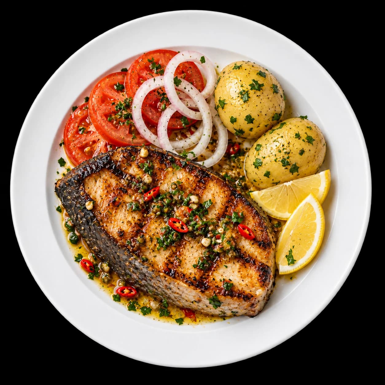 Peixe grelhado com batata, tomate e limão, visto de cima
